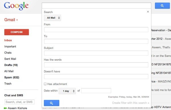 opzioni di ricerca di Gmail