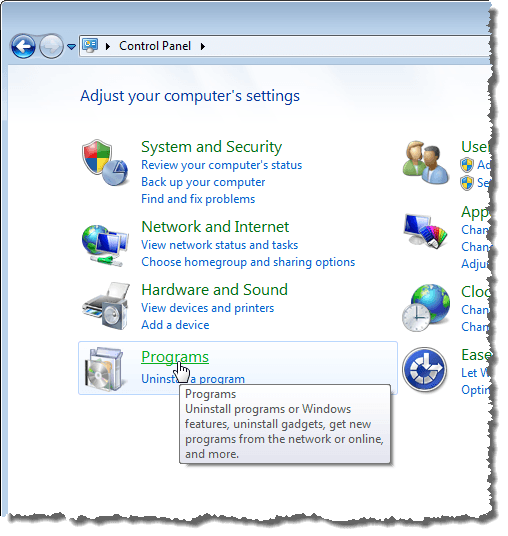 Fare clic sul collegamento Programmi in Windows 7
