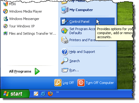 Apertura del pannello di controllo in Windows XP