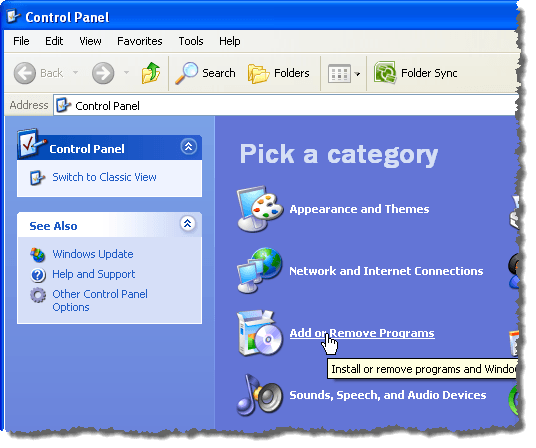 Facendo clic sul collegamento Aggiungi o Rimuovi programmi in Windows XP
