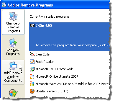 Facendo clic su Aggiungi / Rimuovi componenti di Windows in Windows XP