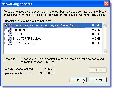 Dettagli per i servizi di rete in Windows XP
