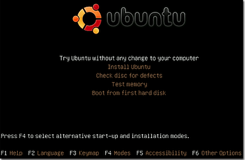 Menu principale di Ubuntu Linux Live CD