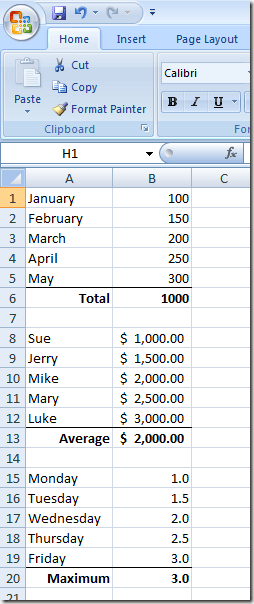 An Excel Worksheet with Different Types of Data