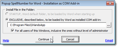Installation as COM Add-in dialog box