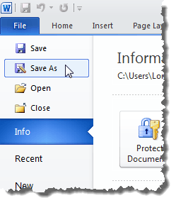 Selecting Save As on the File tab in Word 2010