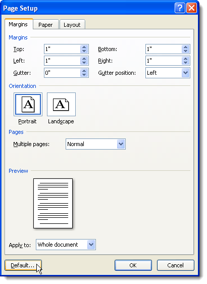 Clicking the Default button on the Margins tab in Word 2007