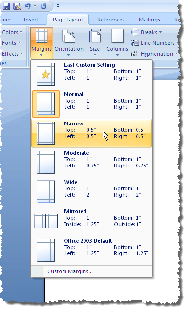 Selecting temporary margins in Word 2007
