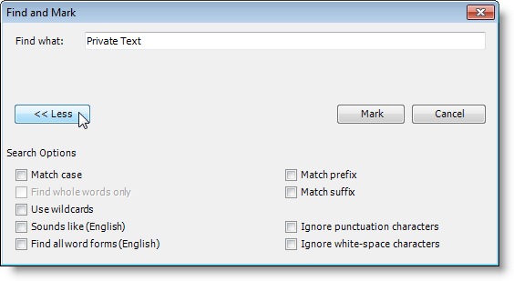 Find and Mark dialog box with more options