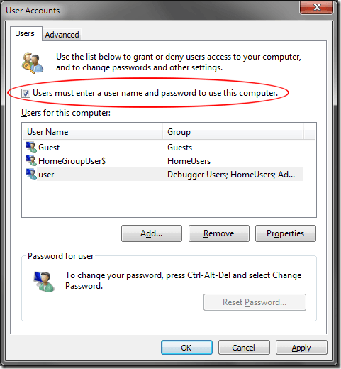 Windows 7 Users Must Enter a Username and Password