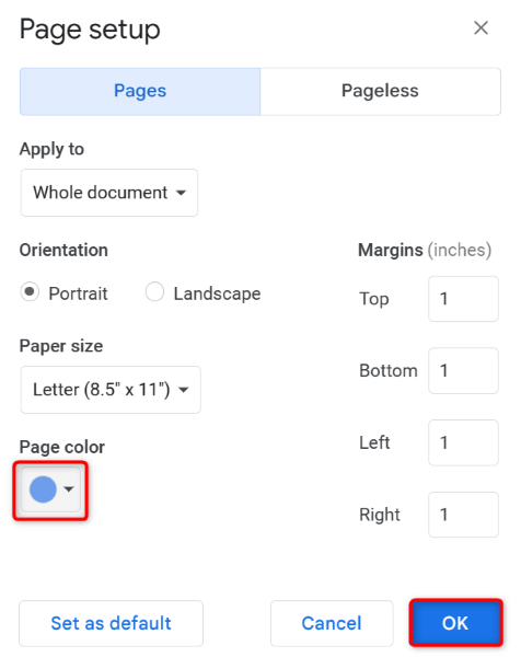 Cambia l'immagine del colore di sfondo della pagina del tuo documento Google Docs