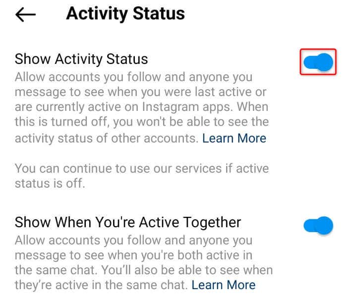 Abilita lo stato dell'attività per correggere l'immagine delle note di Instagram che non vengono visualizzate