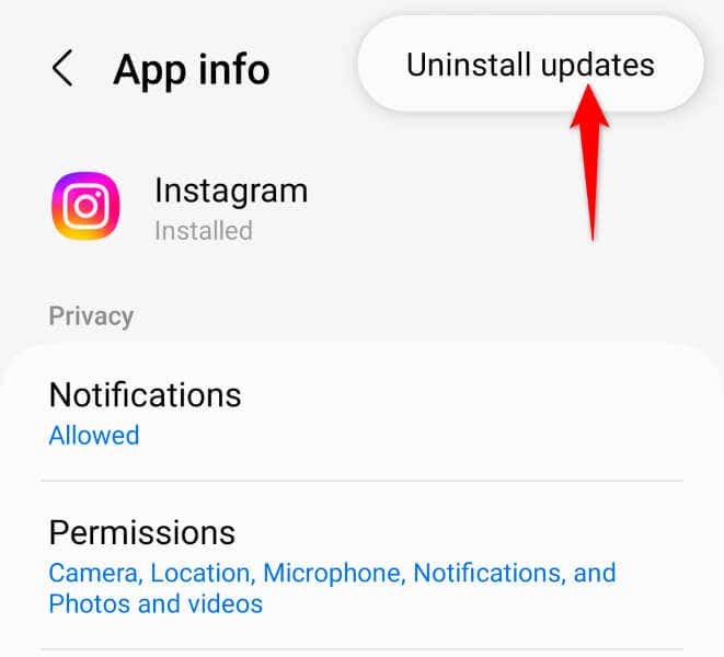 Disinstalla gli aggiornamenti delle app di Instagram sull'immagine Android