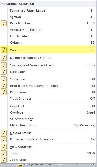 barra di stato di Word 2010