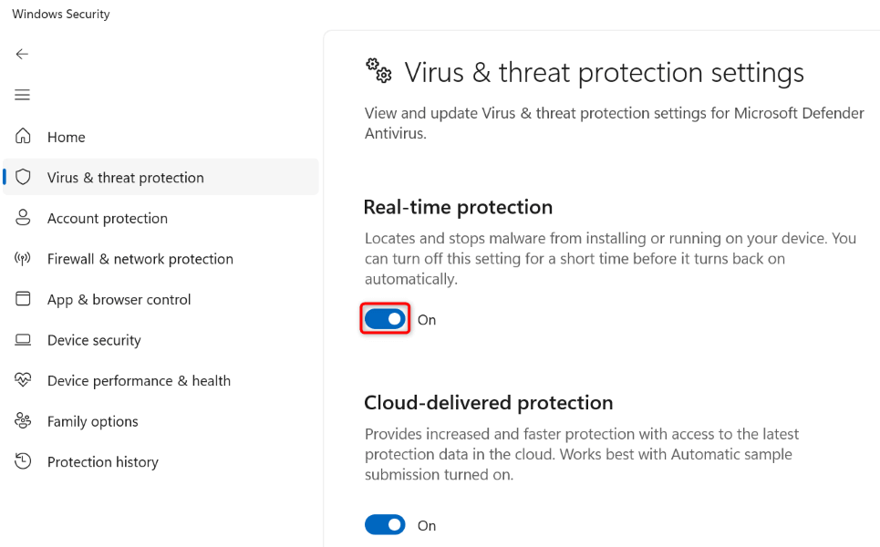 Disattivazione della protezione in tempo reale in Windows