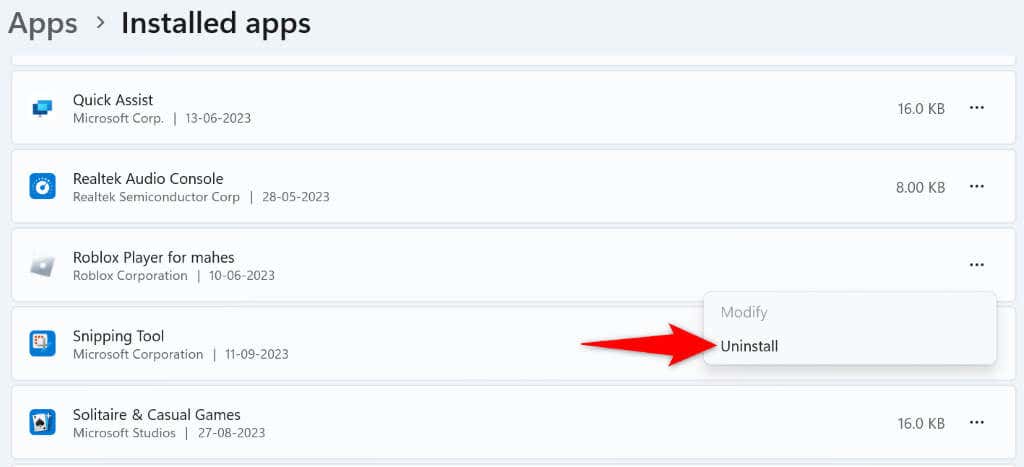 Disinstallazione di Roblox nelle Impostazioni di Windows 11