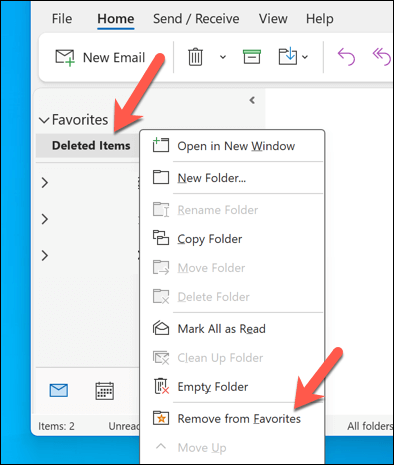 Come rimuovere le cartelle Preferiti nell'immagine di Microsoft Outlook 7