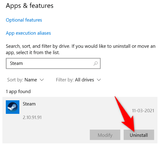 disinstallare l'app Steam in Windows 10